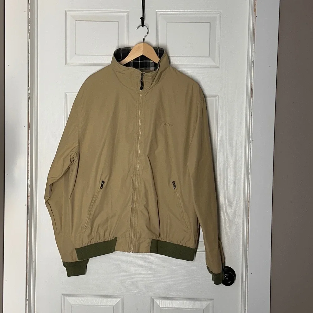 LL Bean Mens XL Regular Tan Plaid Lined Warm-Up‎ Bomber Jacket Harrington 500395